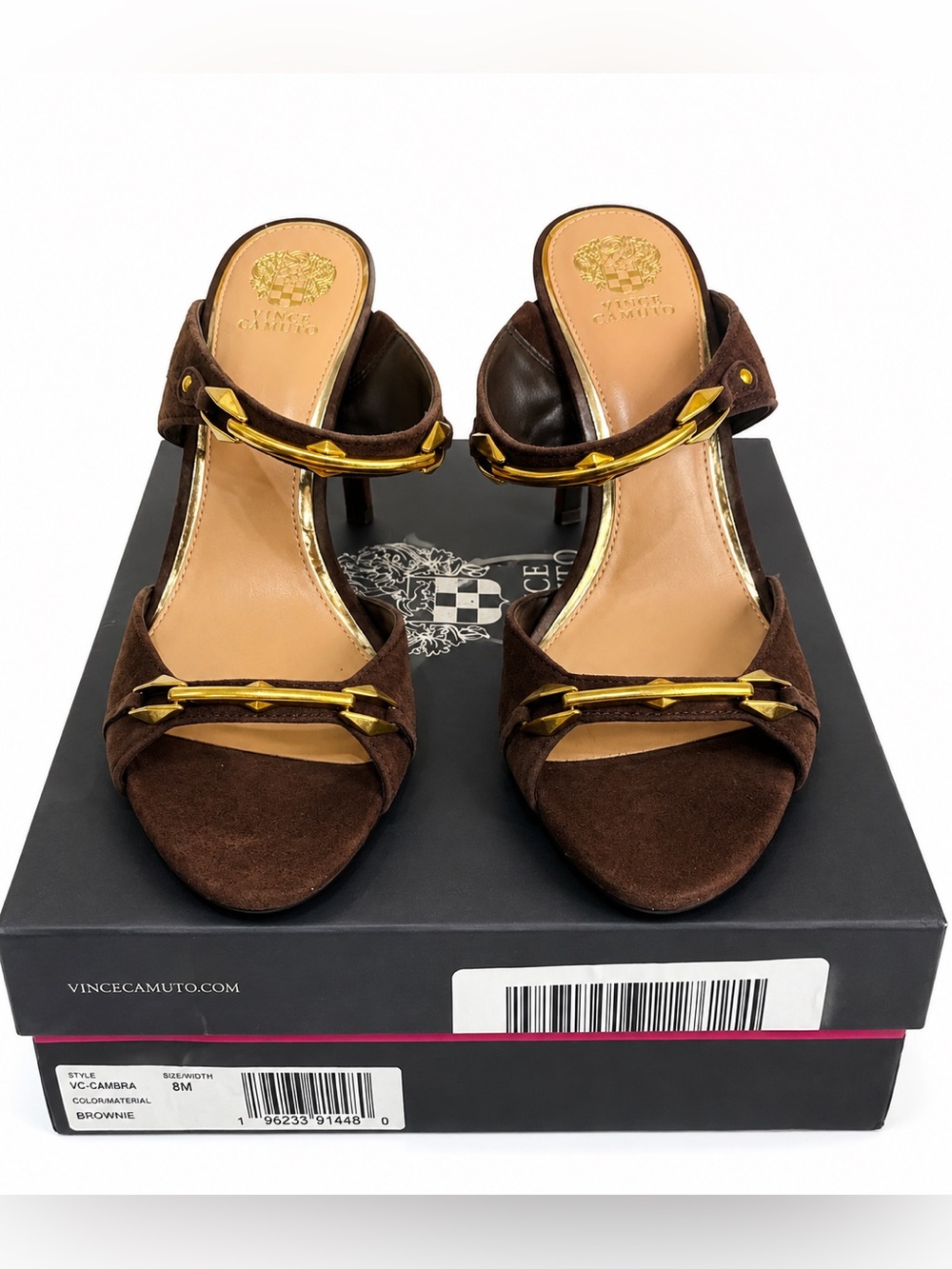 NWT Vince Camuto Cambra Brownie Suede Gold Hardware Heels Sandals 8M with Box - Picture 3 of 12